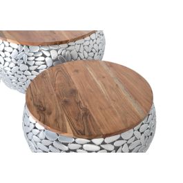 GINER Y COLOMER Lot de 2 Tables Basses en Bois de Manguier Naturel et Aluminium Argenté, Modèles Contemporains (Ø 55 cm / Ø 70 cm)