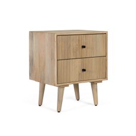 GINER Y COLOMER - Table de chevet en bois de manguier massif style scandinave, finition claire naturelle avec 2 tiroirs à façade cannelée, 50x40x61 cm