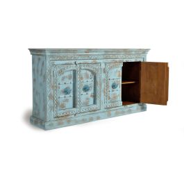 GINER Y COLOMER - Buffet 4 portes en bois de manguier vert d'eau vieilli, sculpté à la main, avec détails métal, 190x100x45 cm