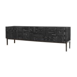 GINER Y COLOMER Buffet TV en bois de manguier massif avec sculpture hiéroglyphe et pattes en fer laqué noir - 180 x 40 x 55 cm