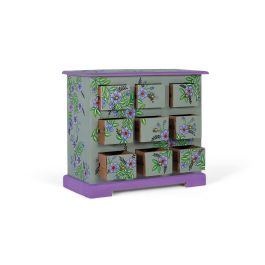 GINER Y COLOMER Commode en Mango Massif Peinte à la Main, 9 tiroirs, 70.5x31x60.5 cm, Finition Vert Gris et Motif Floral