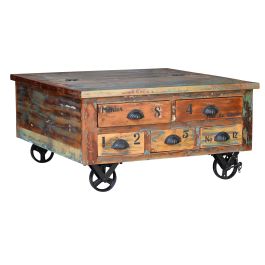 GINER Y COLOMER - Table basse en bois recyclé multicolore avec 5 tiroirs et roulettes - 90 x 90 x 40 cm Precio: 671.988. SKU: B17VVVSQ7E