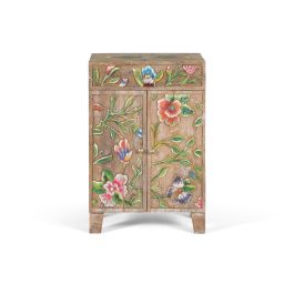 GINER Y COLOMER - Buffet console en bois de manguier avec design floral peint à main, finition vieillie, tiroir et 2 portes, dimensions détaillées Precio: 299.988. SKU: B18VQ8AXML