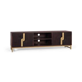 GINER Y COLOMER Buffet TV en bois de manguier massif couleur noyer avec base métallique dorée - Design art déco, portes et étagères