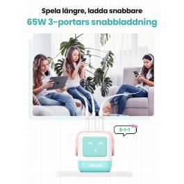 Ugreen RG 65W 3-Port GaN Chargeur Rapide pour Ordinateur Portable, Tablette, Téléphone - Rose et Bleu