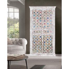 GINER Y COLOMER, Armoire en Bois de Mango avec Incrustations en Céramique et Bronze, Finition Blanc Lavé, 4 Portes, 2 Tiroirs, 185 x 100 x 40 cm