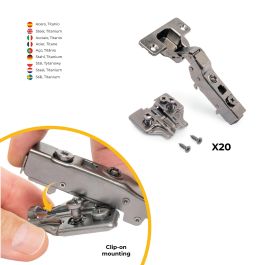 Emuca Lot de 20 charnières coudées X91 avec fermeture amortie et embases Euro, hauteur 0, nickelé, titane
