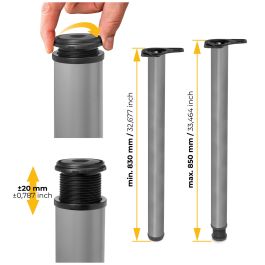 Emuca Lot de 4 pieds de table, diamètre 60mm, H 830mm, Acier, Peint en aluminium