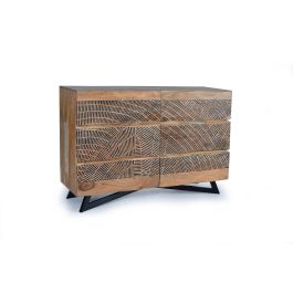 GINER Y COLOMER Commode 6 tiroirs en acacia avec pattes en métal, finition naturelle et décor sculpté main, L125 x P40 x H86 cm Precio: 1187.988. SKU: B1898GHFVM