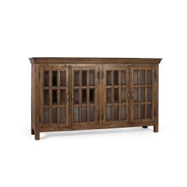 GINER Y COLOMER - Buffet sculpté à la main en bois de teck recyclé avec finition noisette vieillie, vitres et poignées dorées - Dimensions: portes 81x41 cm