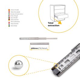 Emuca Lot de 5 jeux de Coulisses pour tiroirs, roulement à billes, hauteur 45mm, profondeur 400mm, sortie totale, Zingué