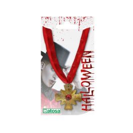 Accessoire de costume Halloween Collier croix dorée sur ruban rouge 42 cm