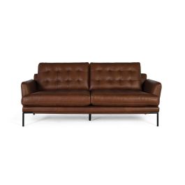 Giner y Colomer - Canapé 3 places en cuir véritable, style vintage avec capitonnage et pieds en métal bronze - Marron (L200 x P90 x H83 cm) Precio: 2183.988. SKU: B1858JNGL4