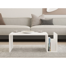 MEMO Table basse blanche avec plateau relevable et rangement intégré, dimensions 86.8 x 32.4 x 50 cm, panneaux 18 mm, étagère 15 cm