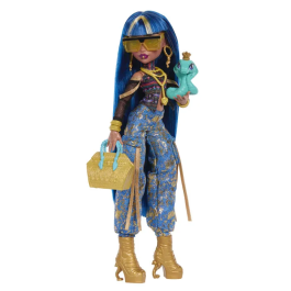 Monster High Poupet Cléo JHK32 - Poupée avec cobra et 7 accessoires, tenue dorée et lapis-lazuli