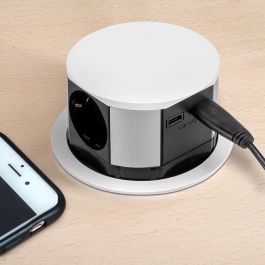 Emuca Multiconnecteur Vertikal Push diamètre 100mm, 3 prises de type Schuko, 1 USB type A, 1 USB type C, Acier et Plastique, Peint en blanc