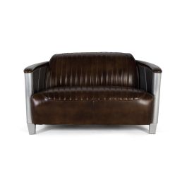 GINER Y COLOMER Sofa 2 Places Style Aviateur en Cuir Vieilli Marron avec Détails en Aluminium - Inspiré du Design Aéronautique