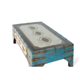 GINER Y COLOMER Table basse en bois de manguier finition vieilli bleu et blanc, style rustique artisanal avec plateau en verre, 120 x 70 x 46 cm