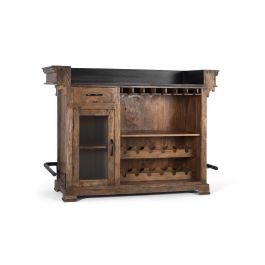 GINER Y COLOMER - Buffet bar en bois de manguier avec planche en granit 150 cm - Marron et noir - Porte, tiroir, rangement pour 12 bouteilles et porte-verres
