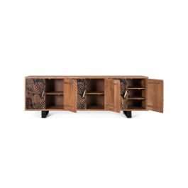 GINER Y COLOMER Buffet 6 portes en bois massif d'acacia couleur naturel et noir avec pattes métal - 220 x 74 x 42 cm
