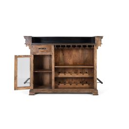 GINER Y COLOMER - Buffet bar en bois de manguier avec planche en granit 150 cm - Marron et noir - Porte, tiroir, rangement pour 12 bouteilles et porte-verres