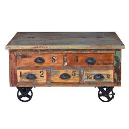 GINER Y COLOMER - Table basse en bois recyclé multicolore avec 5 tiroirs et roulettes - 90 x 90 x 40 cm