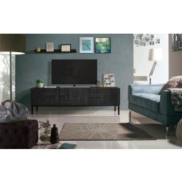 GINER Y COLOMER Buffet TV en bois de manguier massif avec sculpture hiéroglyphe et pattes en fer laqué noir - 180 x 40 x 55 cm