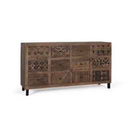 GINER Y COLOMER Buffet ou Meuble de Rangement en Bois de Mango Massif 160 cm, Taille Main, Design à Motifs Géométriques Étniques, Pieds en Fer Noir