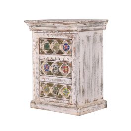 GINER Y COLOMER Table de nuit en bois de manguier avec incrustations de céramique et bronce, finition blanc vieilli, 3 tiroirs, 65 x 50 x 40 cm Precio: 359.988. SKU: B1HJT8J87T