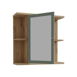 Armoire de toilette - Décor chene et vert sauge - Porte- Miroir - Etageres - L69,9 x P23,2 x H68,8 cm