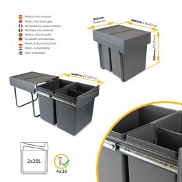 Emuca bac de tri sélectif a montage inférieur et extraction manuelle pour élément de cuisine Recycle, 2x20litres, Plastique gris antracite