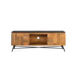 GINER Y COLOMER Meuble TV en bois de manguier avec finition naturelle et plateau noir - 150 cm de large avec portes et espace ouvert - Design moderne et élégant Precio: 1043.988. SKU: B166F29L9G