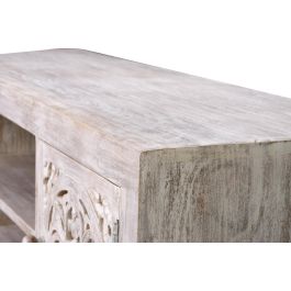 GINER Y COLOMER Meuble TV en bois de manguier massif avec portes et pieds métal, finition blanc vieilli et gris, 130x55x40 cm