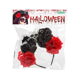 Diadème Halloween Crâne avec Roses Noires et Rouges - Accessoire de Fête Fantastique et Gothique pour Adultes
