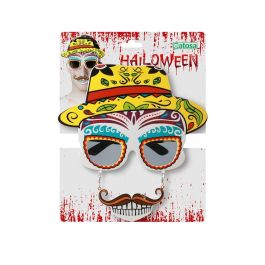 Lunettes à motif de calavera mexicaine avec sombrero jaune pour le Jour des morts - Accessoire de fête et déguisement