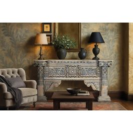 GINER Y COLOMER Console d'entrée en bois de manguier avec colonnes et panneau frontal sculptés à la main, finition blanc lavé et bleu