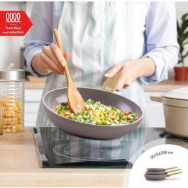 Set de 3 poeles - Tous feux dont induction - ARTHUR MARTIN - AM1052 - Revetement céramique - Ø 20-24-28 cm - Taupe