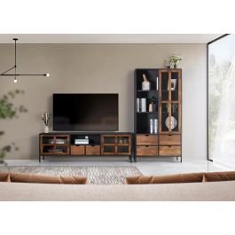 GINER Y COLOMER - Buffet TV industriel en métal et bois de manguier 180x40x56 cm, 2 portes et 2 tiroirs en verre - Noir et naturel
