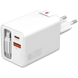 4smarts 541065 Chargeur Secteur GaN 65W, USB-C et USB-A avec Câble Rétractable 0.7m, Charge Rapide PPS et Quick Charge 3.0, Blanc