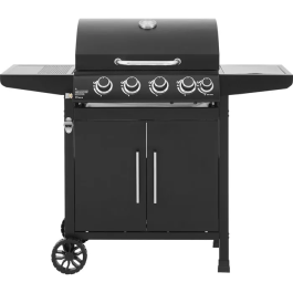 Cookingbox Barbecue à gaz 4 brûleurs avec couvercle thermomètre et grille chaude, surface de cuisson 60x42 cm, chariot avec rangement et roues, finition noire