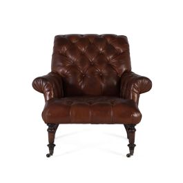 GINER Y COLOMER - Fauteuil en cuir véritable marron avec capitonnage, dossier haut et accoudoirs, pattes en bois et roulettes - 99x92x94 cm