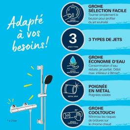 Grohe Set de douche thermostatique 34237003 avec mitigeur, 3 jets, barre 60cm, flexible, finition Cromo