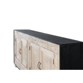 GINER Y COLOMER Buffet 4 Portes en Bois de Mango Sculpté à la Main Talla2 - Ton Naturel et Noir avec Poignées Bronze - 195 cm