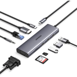 UGREEN Hub USB-C 9 en 1 avec Ports HDMI 4K, VGA, RJ45 Gigabit, USB-A 3.0, USB-C PD, Lecteurs SD/TF - Adaptateur Multiport USB-C Noir