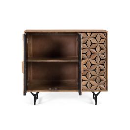 Buffet en Bois de Mango Massif avec Portes Sculptées à la Main, Design Contemporain Rustique sur Pieds en Fer Noir - 3 Portes, Étagères Intérieures