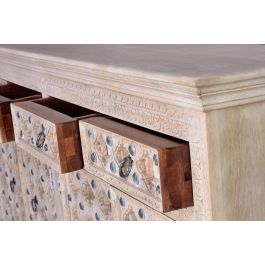 GINER Y COLOMER BAKRA Buffet en bois de mangle avec 4 portes et 4 tiroirs - Finition blanc lavé - 190 x 92 x 42 cm