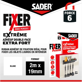 Sader - Ruban adhésif double face extra fort Extreme - Fixation sans percer - Support jusqu'à 10 kg - Intérieur - 2 m x 19 mm - Blanc