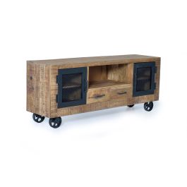 GINER Y COLOMER Meuble TV industriel en bois de manguier et métal, couleur naturel - 150 x 60 x 38 cm, structure en bois massif avec portes métal, finition artisanale Precio: 995.988. SKU: B18NG7ALLS