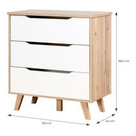FINLANDEK VANKKA Commode Escandinave 3 Tiroirs Roble Blanc Patas Madera Maciza 80x42x42cm