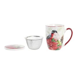 Tasse à infusion DKD Home Decor Oiseau Porcelaine Rouge Vert (380 ml) (2 Unités)